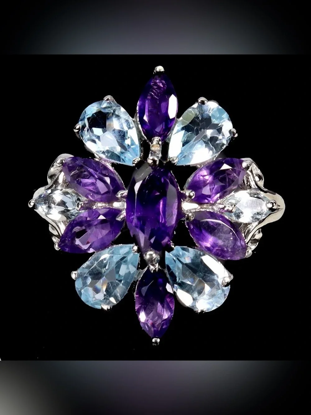 Exquisite Natural Amethyst Aquamarine & Topaz Ring 925 Sterling Silver Ring Sz 8